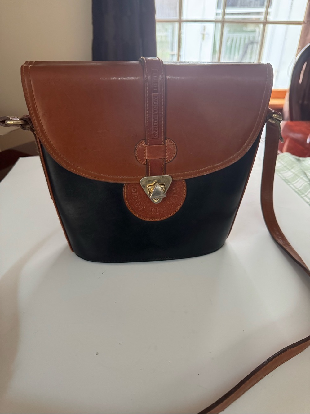 Moda Italiana Two-Tone Leather Crossbody Bag — Brown & Black